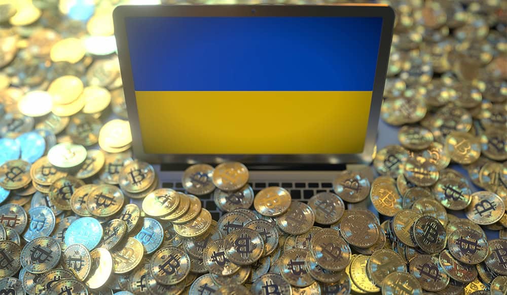 Ukraine Flag and Bitcoin coins