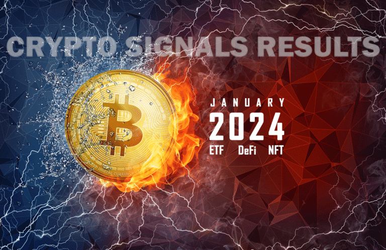 A fiery Bitcoin symbol ignites the left against a shattered blue backdrop. The right showcases a red geometric design with, "Resultado dos sinais de cripto de janeiro de 2024," framed by "ETF," "DeFi," and "NFT." Lightning streaks electrify the scene.