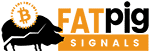 The logo for Fat Pig Signals showcases a sleek black silhouette of a pig with the bitcoin symbol hovering above. Boldly displayed, "FATpig SIGNALS" features "FAT" and "SIGNALS" in eye-catching yellow, while "pig" stands out in classic black.