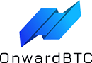 Blue geometric arrow shapes point diagonally upward, symbolizing progress and innovation. Below, the text "OnwardBTC" stands proudly in black. The arrows feature a stunning gradient from dark to light blue, perfectly capturing the forward momentum of OnwardBTC's mission.