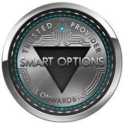 A metallic circular emblem with the words "Trusted Provider," "Smart Options," and "OnwardBTC" prominently displayed. It features a central black triangle, enhanced by circuit-like design elements. The colors predominantly silver, black, and teal emphasize the cutting-edge ethos of OnwardBTC.