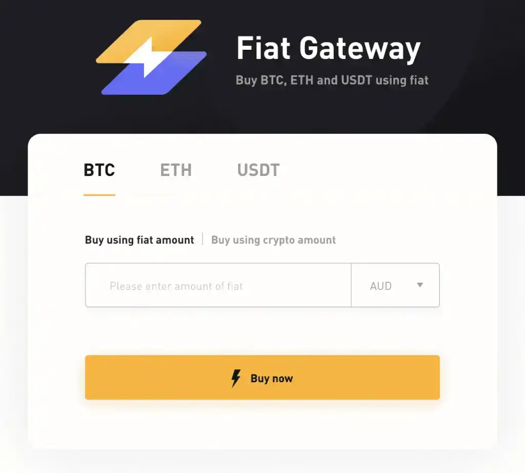 Screenshot of a website's fiat gateway interface. The page allows users to buy BTC, ETH, and USDT using fiat currencies. Tabs for BTC, ETH, and USDT are displayed. A dropdown menu with 'AUD' is visible, and a yellow 'Buy now' button is at the bottom. Perfect for anyone reading a Bybit review.