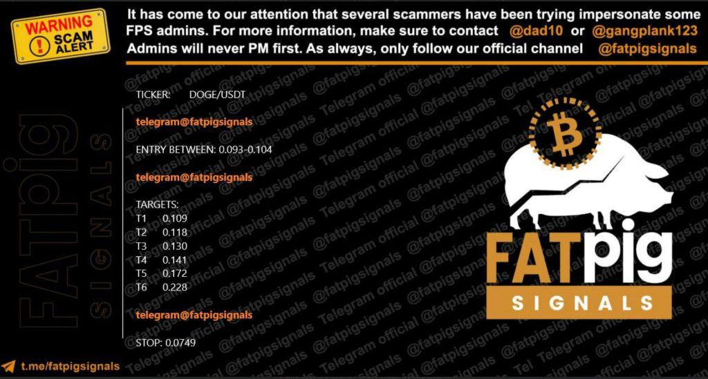 An image warning about scammers attempting to impersonate FPS admins, directing users to contact specific handles for more information. Includes trading signals, cryptocurrency ticker details, and target prices. Repeats social media handle multiple times in the background.
