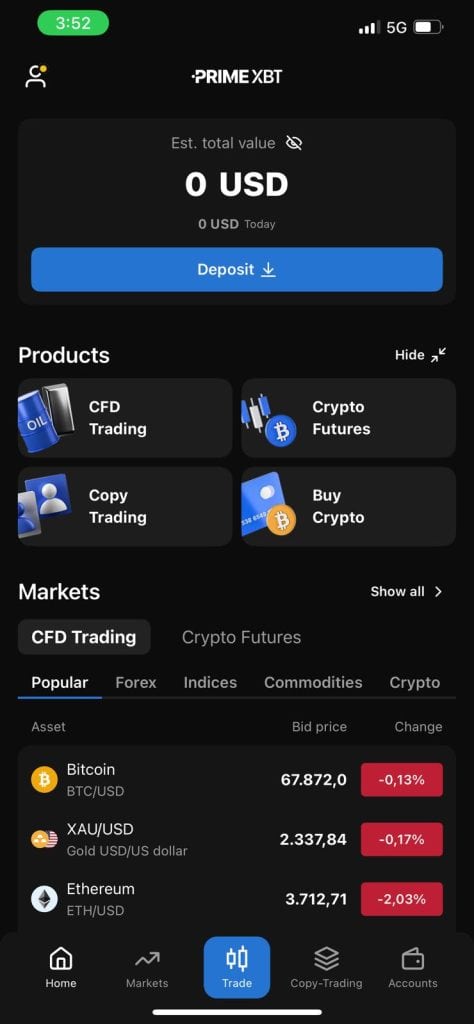 Interface do aplicativo Prime XBT