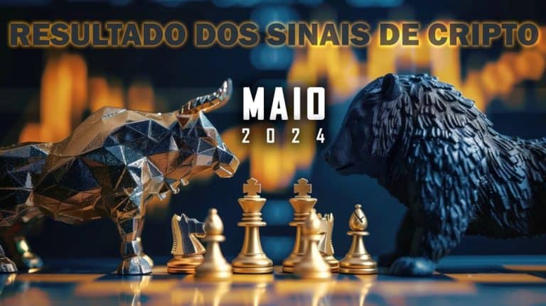 A chessboard featuring gold and silver chess pieces with a golden bull on the left and a dark bear on the right. The background displays financial graphs. Text at the top reads "Resultados dos sinais de cripto de maio de 2024" and below "MAIO 2024.