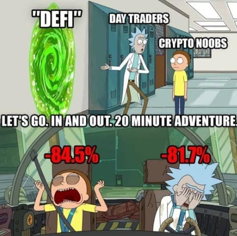 A two-panel meme featuring characters from a popular animated TV show. In the first panel, an older character invites a younger character and a labeled group into a portal labeled "DeFi Platforms." The second panel shows the characters distressed with -84.5% and -81.7% labels.