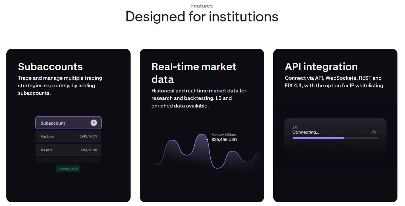 Esta imagem mostra três painéis verticais sob o título "Recursos - Projetados para instituições". Os painéis descrevem os recursos: "Subcontas", "Dados de mercado em tempo real" e "Integração de API", com breves descrições e ilustrações relacionadas a cada recurso para avaliação da kraken exchange. 