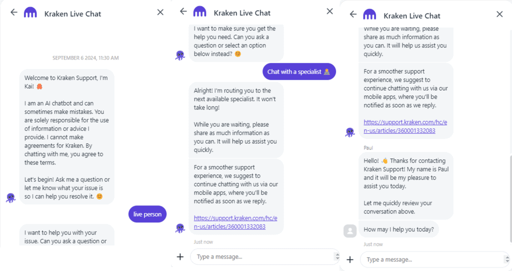 Uma série de capturas de tela mostrando uma conversa com o Kraken Live Chat. O usuário inicia uma consulta e o chatbot a encaminha para um especialista ao vivo. O especialista ao vivo pede mais informações, compartilha recursos de suporte e responde à consulta do usuário.  