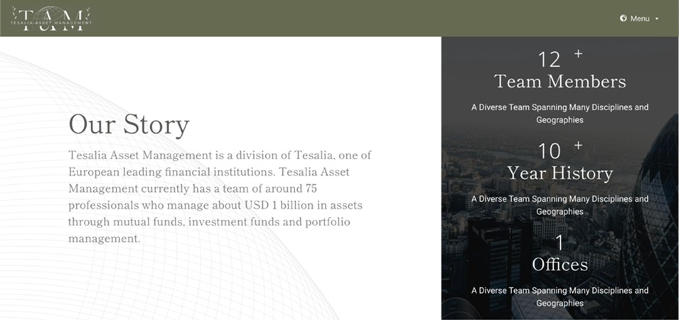 A webpage for Tesalia Asset Management. The left side details its history, boasting management of USD 1 billion in assets by around 75 professionals. The right side highlights key facts: 12+ team members, over a decade of expertise, and one office location—truly distancing itself from any fake investment scam.