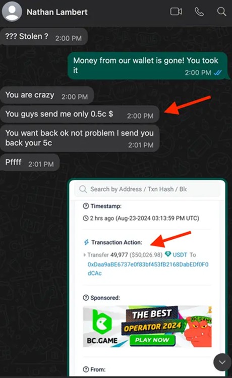 A mobile screenshot of a WhatsApp conversation captures "Nathan Lambert" accusing the other person of involvement in a fake investment scam by taking money. The accused clarifies they received only $0.5. Visible in the screenshot are a transaction receipt and an ad for "BC.GAME.