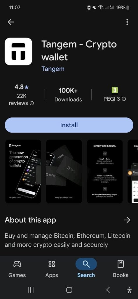 Captura de tela da página da Google Play Store do app Tangem - Crypto Wallet. Com nota 4,8 estrelas em 22 mil avaliações, ele já passou de 100 mil downloads e tem classificação PEGI 3. Leia uma análise da Tangem Wallet antes de clicar em Instalar para gerenciar sua criptomoeda com facilidade.  