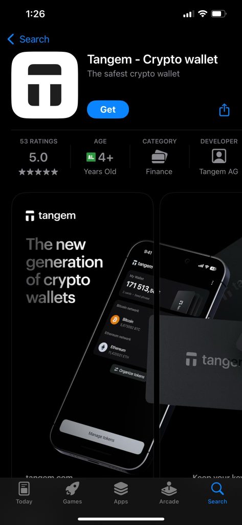 A página da App Store da Tangem, um app de carteira de cripto muito bem avaliado, indicado para maiores de 4 anos, está categorizada como Finanças pela Tangem AG. Com capturas de tela destacando seus recursos para gerenciar ativos cripto, os usuários estão compartilhando avaliações excelentes da Tangem Wallet. A opção de download está disponível.  