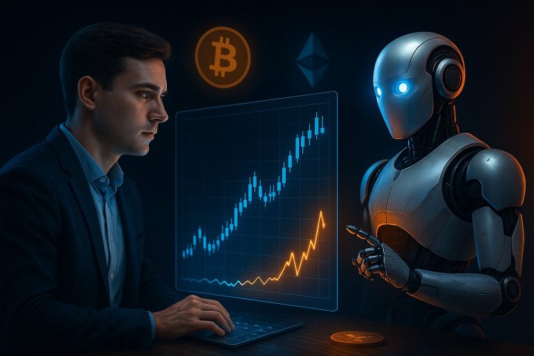 sinais de cripto vs Bots de trading. Um homem trabalha num tablet ao lado de um robô humanoide. Eles estão voltados para uma tela digital exibindo sinais de cripto em alta, com símbolos de Bitcoin e Ethereum visíveis acima do gráfico.  