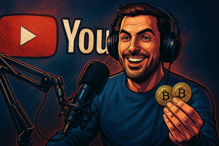 Um homem usando fones de ouvido fala em um microfone enquanto segura duas moedas de Bitcoin. O logo do YouTube ao fundo sugere que ele está gravando conteúdo sobre criptomoedas e compartilhando insights sobre os Melhores Canais de Criptomoedas no YouTube. 