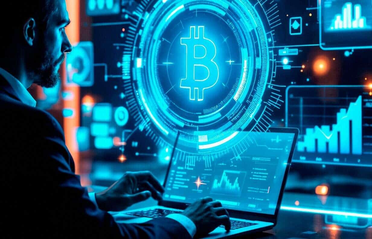 A person in a suit uses a laptop displaying graphs and data, with a large glowing Bitcoin symbol and digital financial graphics on screens in the background, suggesting cryptocurrency analysis or trading.