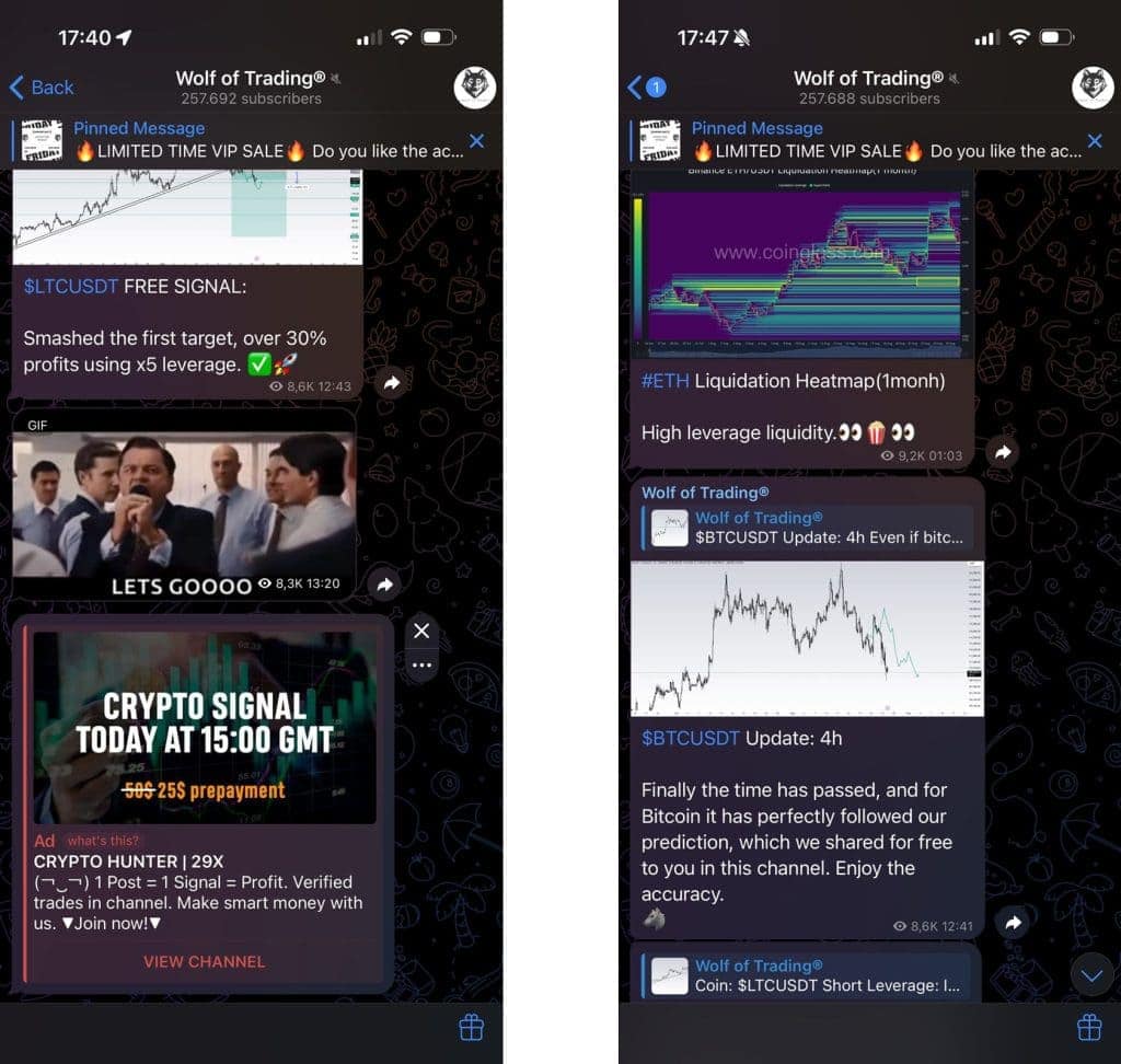 Duas capturas de tela de um chat no Telegram do canal Wolf of Trading mostram sinais de trading e atualizações. Os chats apresentam dicas de trading de cripto, gráficos e imagens — em uma delas o grupo reage com empolgação, em outra aparece um gráfico. Avaliação Wolf of Trading.  