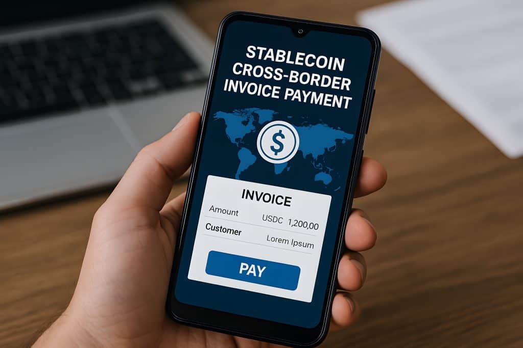 A person holds a smartphone displaying a screen with the title "Stablecoin Cross-Border Invoice Payment" and an invoice for 1,200 USDC, showcasing seamless crypto invoice payments to a customer named Lorem Ipsum with a blue "Pay" button at the bottom.