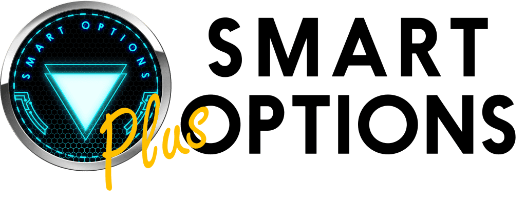Um logotipo digital circular apresenta um triângulo azul brilhante e as palavras "SMART OPTIONS". À direita, aparece "SmartOptions Plus" em letras pretas em negrito, com "Plus" em amarelo sobreposto ao “O”. 