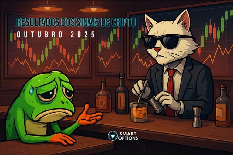 A sad frog and a cool cat in a suit sit at a bar with drinks. Crypto charts glow behind them, showing Resultados dos Sinais de Outubro de 2025. The Smart Options logo is displayed below.