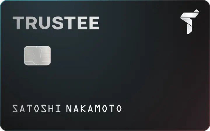 A black Trustee Wallet card features "TRUSTEE" at the top left, a chip below it, and the name "SATOSHI NAKAMOTO" at the bottom. A stylized "T" logo accents the top right corner.