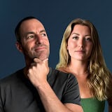 A man in a dark shirt thoughtfully touches his chin while standing next to a woman with long blonde hair wearing a green top, both posing against a plain dark blue background. Best Crypto YouTube Channels