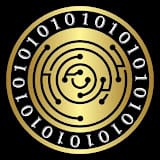 A gold and black circular emblem with a central maze-like design and circuit patterns. The outer ring features binary code sequences, with alternating ones and zeros, set against a black background. Best Crypto YouTube Channels