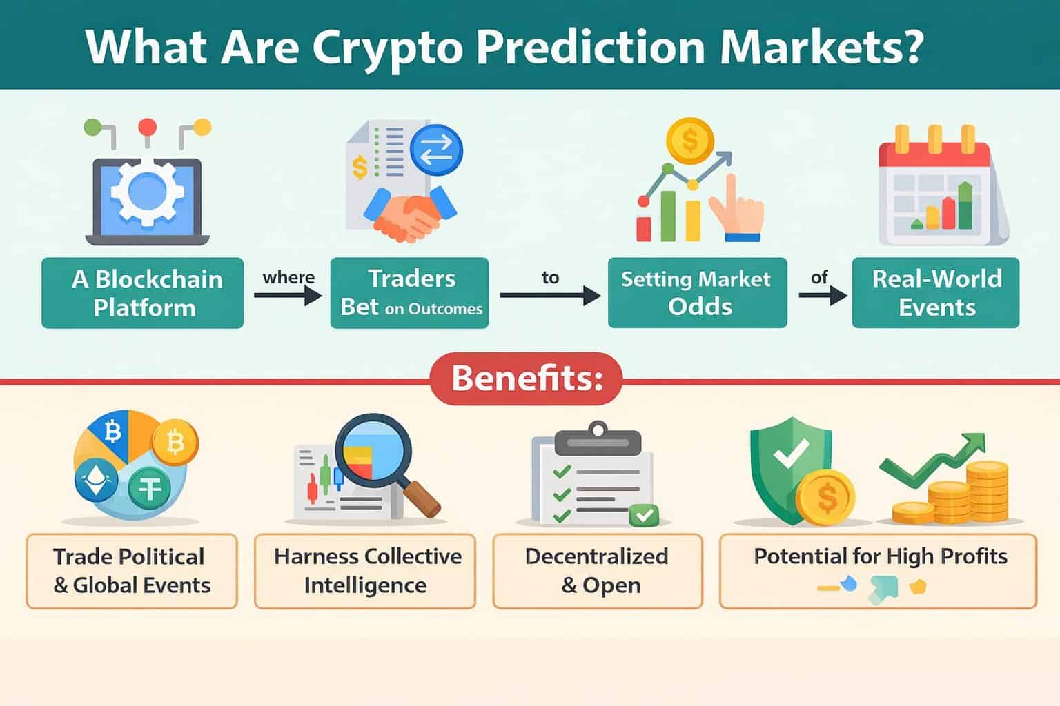 Infográfico explicando os mercados de previsão em cripto, mostrando um processo que vai desde plataformas em blockchain, traders apostando em resultados, definição das odds de mercado até eventos do mundo real, além de benefícios como descentralização e alto potencial de lucro.