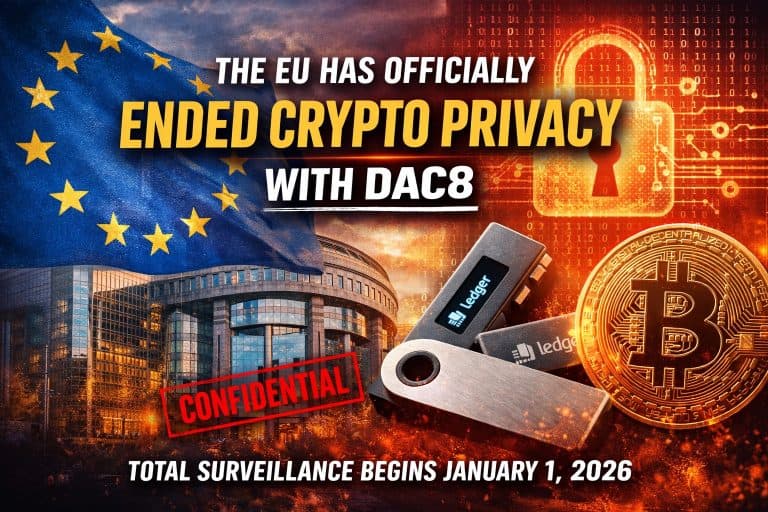 “Um gráfico mostrando a bandeira da UE, o prédio do parlamento, Bitcoin e carteiras USB. O texto diz: ‘A privacidade cripto na UE acabou — a UE oficialmente acabou com a privacidade cripto com a DAC8. Confidencial. A vigilância total começa em 1º de janeiro de 2026.’”   