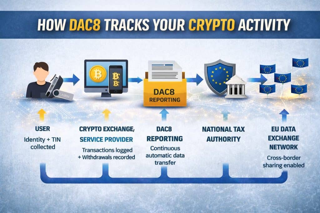 Infographic showing how DAC8 tracks crypto activity: user info collected; transactions logged by crypto service; data sent to DAC8 reporting; national tax authorities receive data—marking how EU Crypto Privacy Ends as info is shared across the EU via data exchange network.
