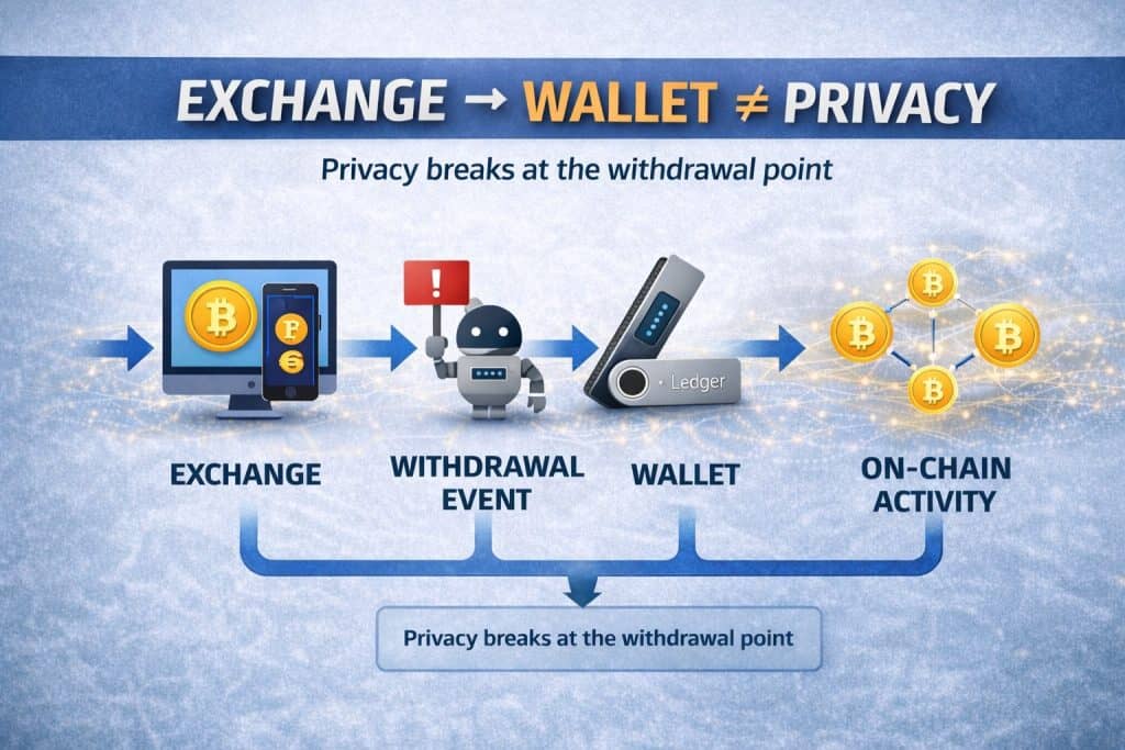 A flowchart shows bitcoin moving from an exchange to a wallet, then to on-chain activity. A robot icon marks a privacy break at withdrawal. Text: "EXCHANGE → WALLET ≠ PRIVACY. EU Crypto Privacy Ends at the withdrawal point.