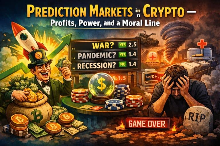 “Um desenho mostra um homem alegre com um logotipo do Bitcoin no terno lançando um foguete e cercado de dinheiro. Do lado oposto, um homem angustiado está sentado perto de uma lápide. No meio, estão as odds dos mercados de previsão para guerra, pandemia e recessão.”  