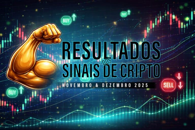 Ilustração de um braço musculoso flexionado ao lado de um texto em destaque que diz “Resultados de Sinais de Cripto, Novembro & Dezembro de 2025”, sobre um fundo com gráficos coloridos de candlesticks e linhas, com ícones de “BUY” e “SELL”.