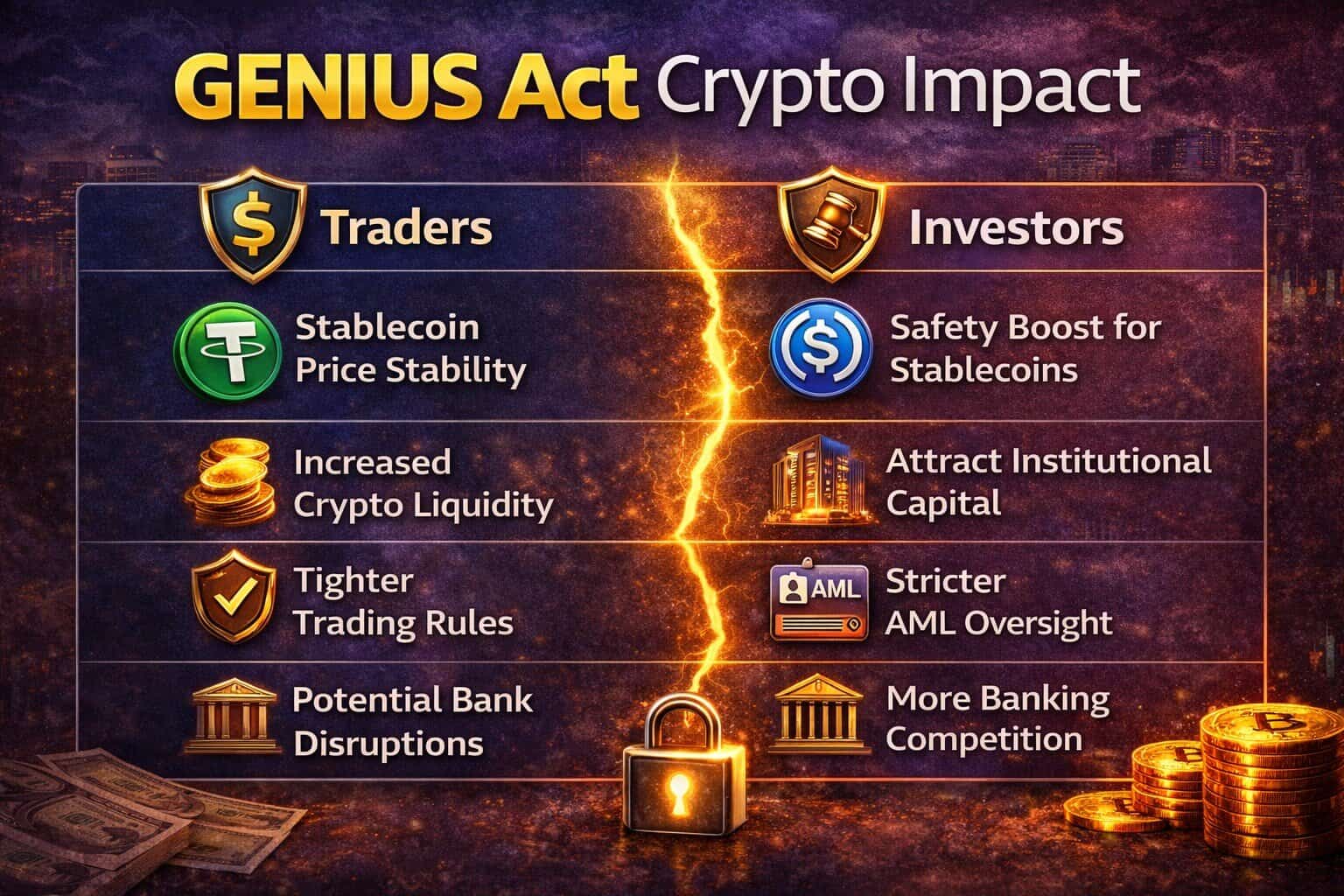 A colorful chart titled "GENIUS Act Crypto Impact" visually compares how the GENIUS Act crypto impact affects traders and investors, highlighting benefits like price stability and challenges such as stricter rules, bank disruptions, and tougher competition.
