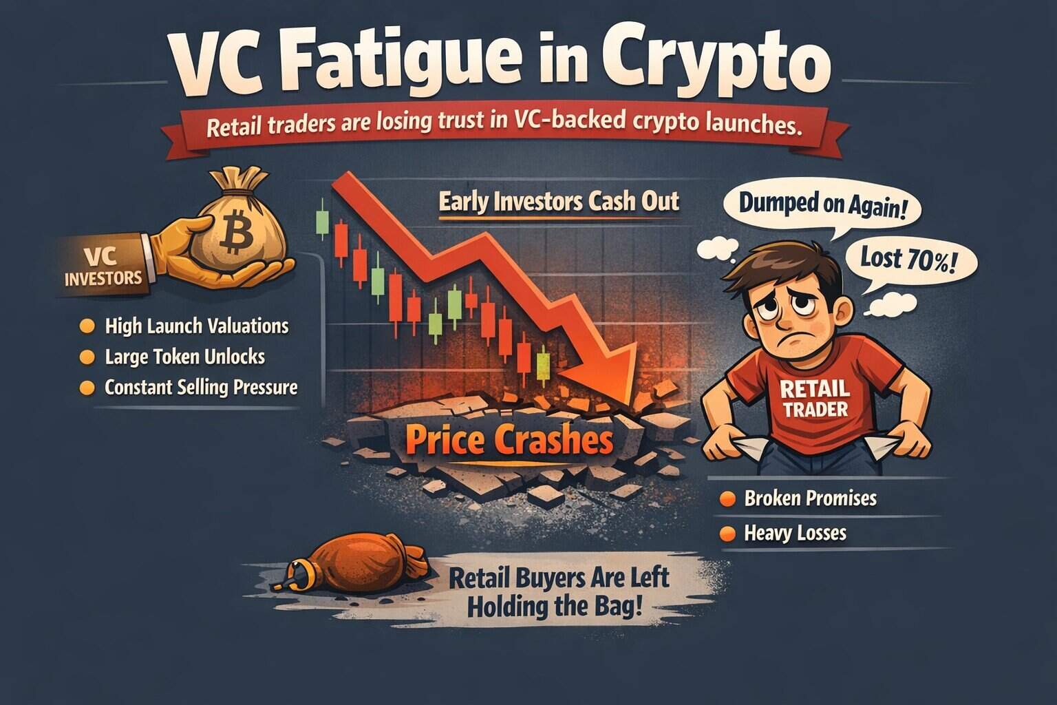 Illustration showing "VC Fatigue in Crypto" with a chart of crashing prices, a worried retail trader, and icons for high valuations, token unlocks, and losses. Text notes retail crypto participation collapse as buyers are left holding the bag after price drops.