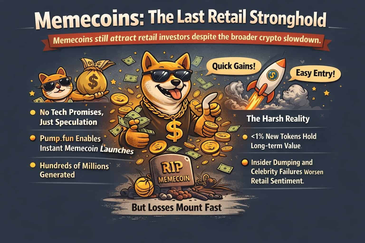 Illustration of a cartoon dog in sunglasses with coins, dollar bills, and financial symbols, showing the pros and cons of memecoins. Text covers quick gains, easy entry, but also the risks of losses and retail crypto participation collapse.