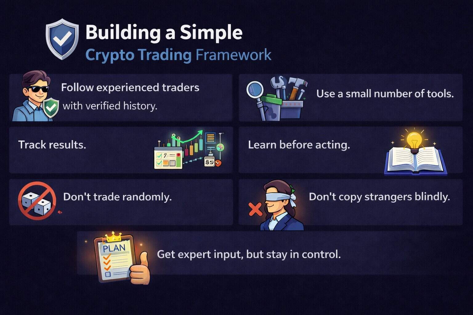 Um infográfico intitulado “Construindo um Framework Simples de Trading de Cripto”, com as seguintes orientações: seguir trader(s) experientes, usar poucas ferramentas, acompanhar resultados, aprender antes de agir e saber o que não fazer depois de comprar cripto, como realizar trades aleatórios ou copiar desconhecidos cegamente.
