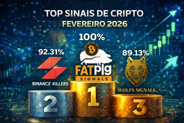 Um gráfico digital mostrando os três principais provedores de sinais de cripto de fevereiro de 2026: Binance Killers (92,31%), Fat Pig Signals (100%) e WolfX Signals (89,13%), posicionados em pódios com ícones de criptomoedas, destacando os melhores resultados.